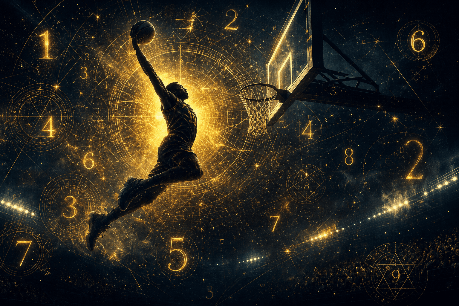 Athletes in action with cosmic numerology symbols and golden light